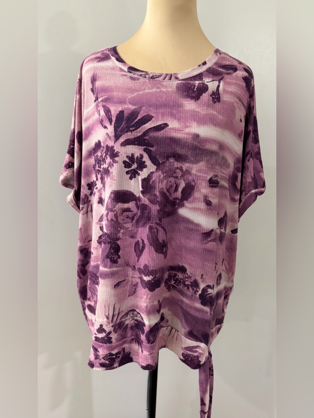 Madison Grey Purple White Ombre Floral Short Sleeve Women's XL Shirt Blouse Boxy
